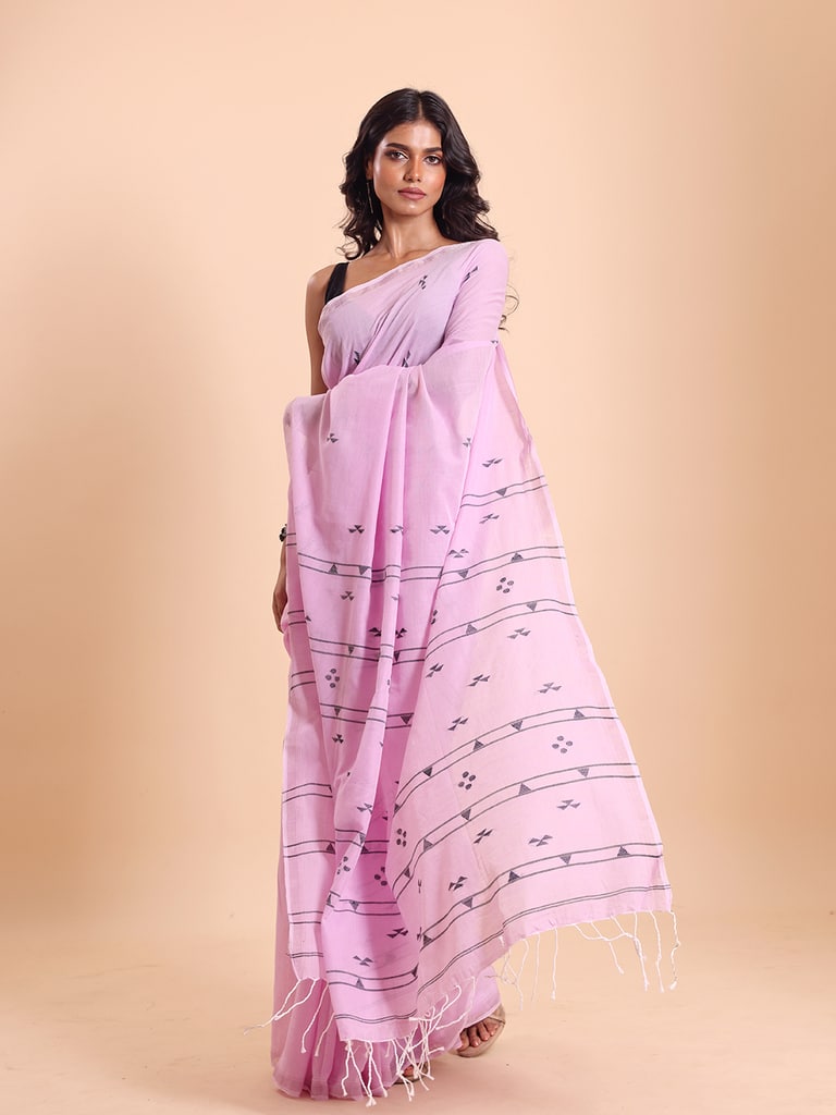 Handloom Cotton Pakhiralay Jamdani Saree - Pink Lady - View 2