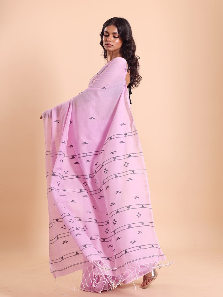 Handloom Cotton Pakhiralay Jamdani Saree - Pink Lady - Thumbnail 3
