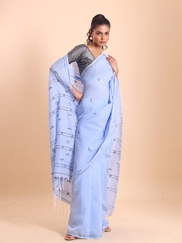Handloom Cotton Pakhiralay Jamdani Saree - Powder Blue - View 1