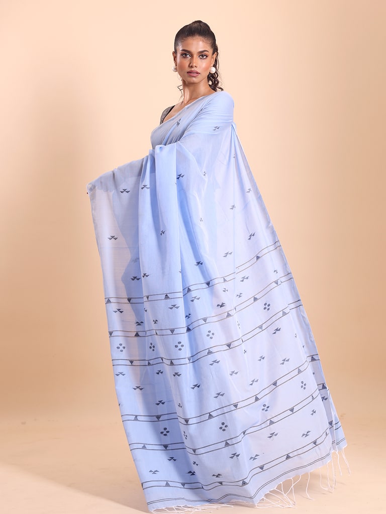 Handloom Cotton Pakhiralay Jamdani Saree - Powder Blue - View 2