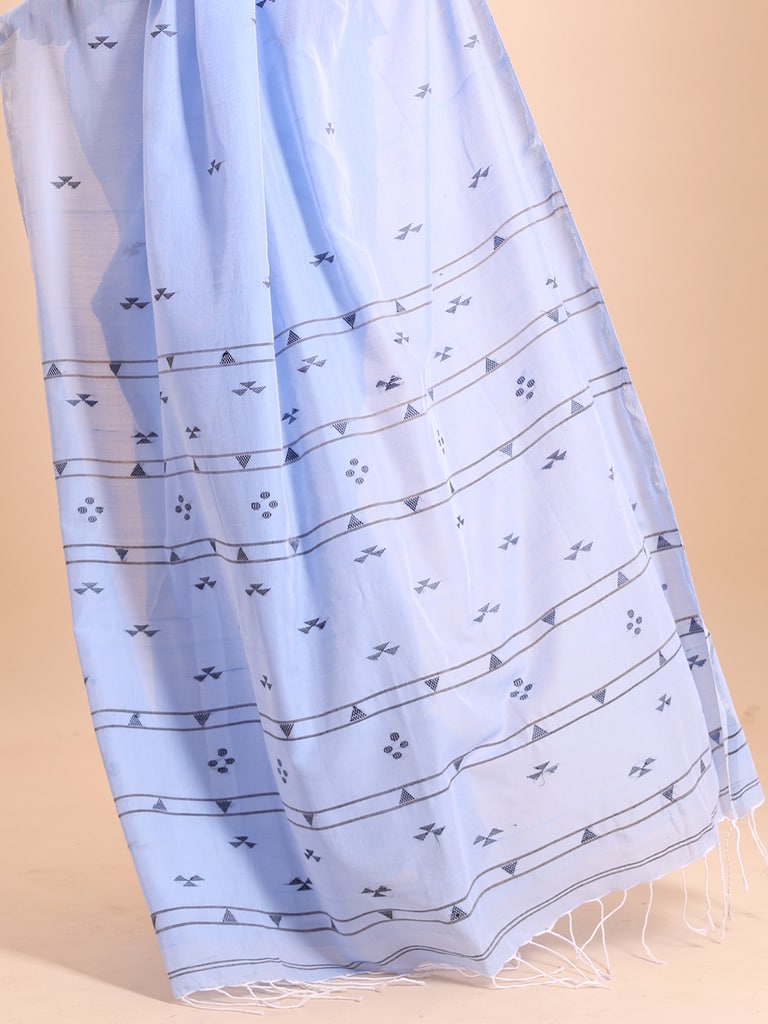 Handloom Cotton Pakhiralay Jamdani Saree - Powder Blue - Thumbnail 5