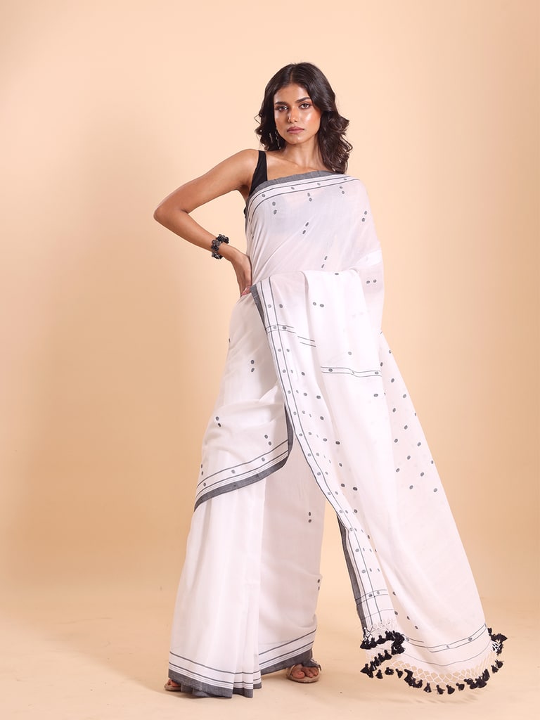 Handloom Cotton Dot Buti Saree - Off White - View 1