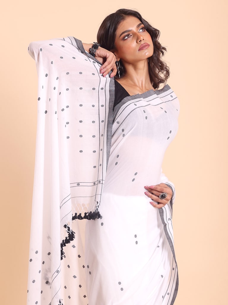 Handloom Cotton Dot Buti Saree - Off White - Thumbnail 3