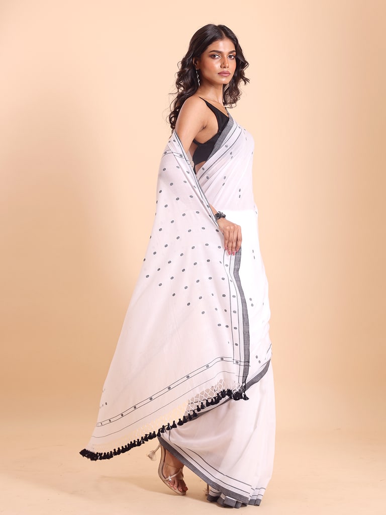 Handloom Cotton Dot Buti Saree - Off White - Thumbnail 4
