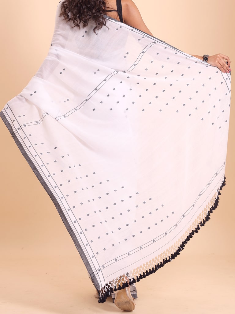 Handloom Cotton Dot Buti Saree - Off White - Thumbnail 5
