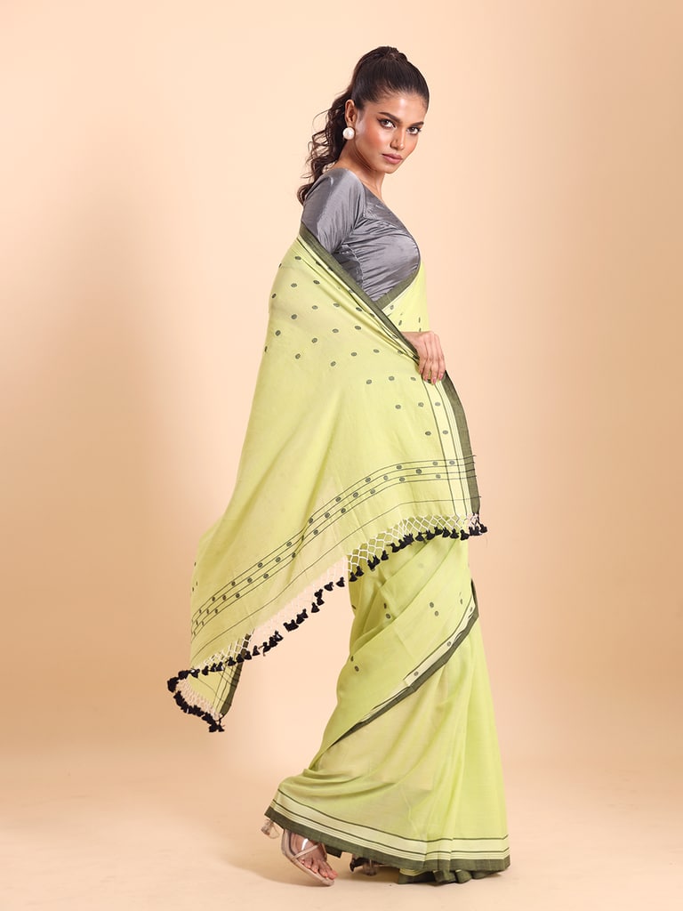 Handloom Cotton Dot Buti Saree - Pista - Thumbnail 3