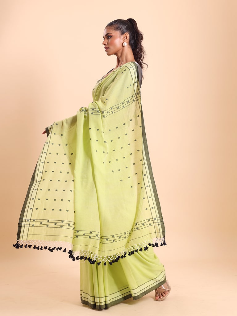 Handloom Cotton Dot Buti Saree - Pista - Thumbnail 4