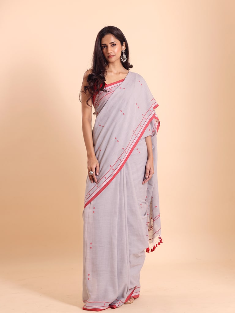 Handloom Cotton Dot Buti Saree - Steel Grey - View 1