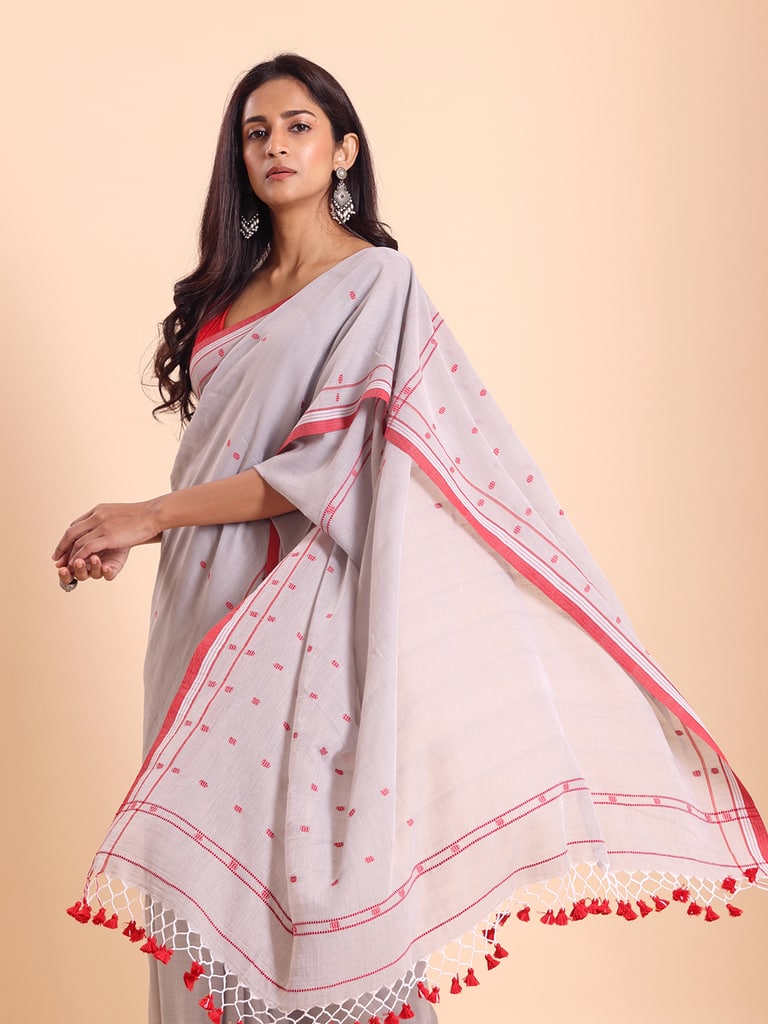 Handloom Cotton Dot Buti Saree - Steel Grey - Thumbnail 5