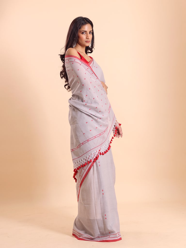 Handloom Cotton Dot Buti Saree - Steel Grey - Thumbnail 4