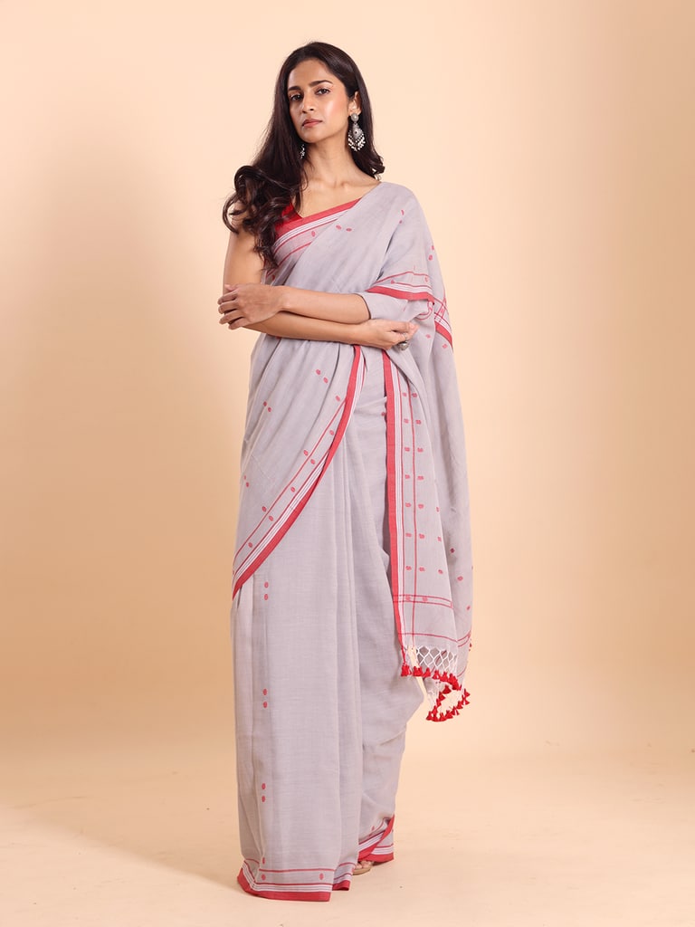 Handloom Cotton Dot Buti Saree - Steel Grey - Thumbnail 3