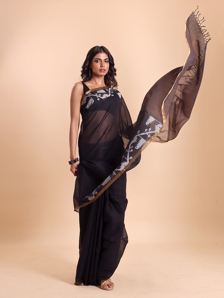 Handloom Cotton Half Derpar Jamdani Saree - Black - Thumbnail 3