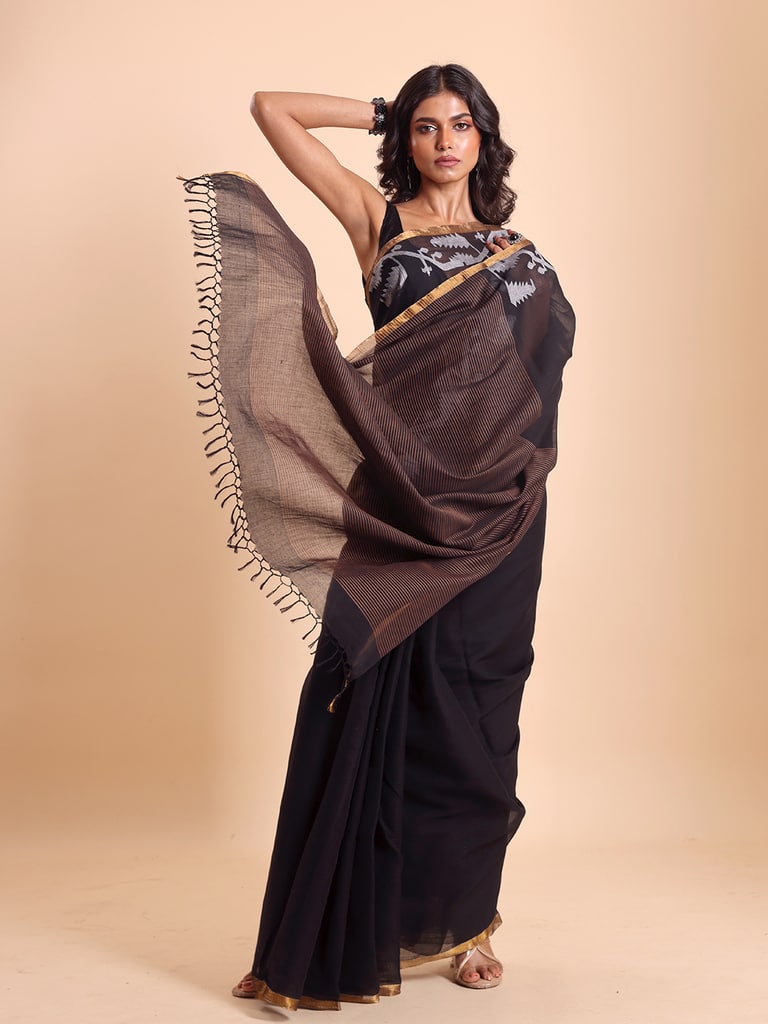 Handloom Cotton Half Derpar Jamdani Saree - Black - Thumbnail 4