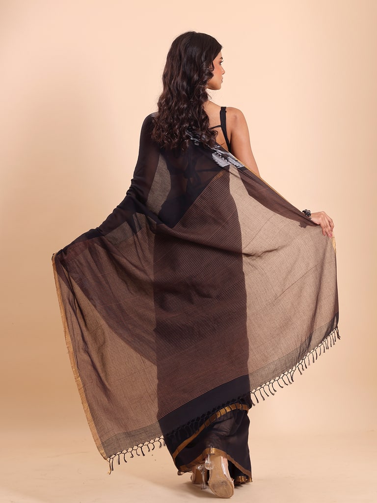 Handloom Cotton Half Derpar Jamdani Saree - Black - Thumbnail 5