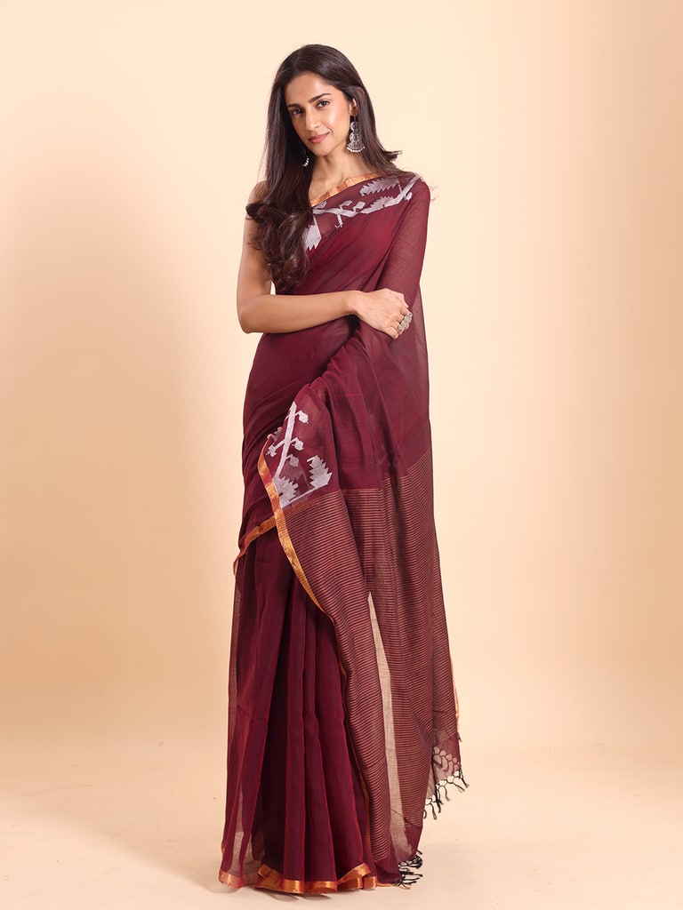 Handloom Cotton Half Derpar Jamdani Saree - Maroon - View 1