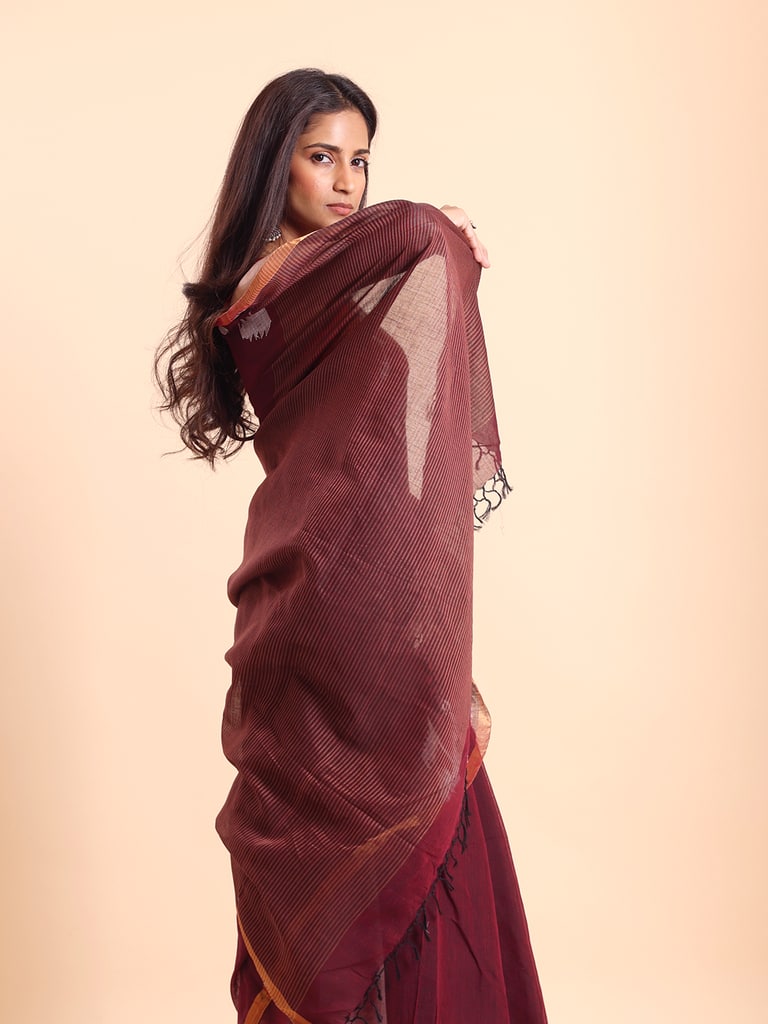 Handloom Cotton Half Derpar Jamdani Saree - Maroon - Thumbnail 3