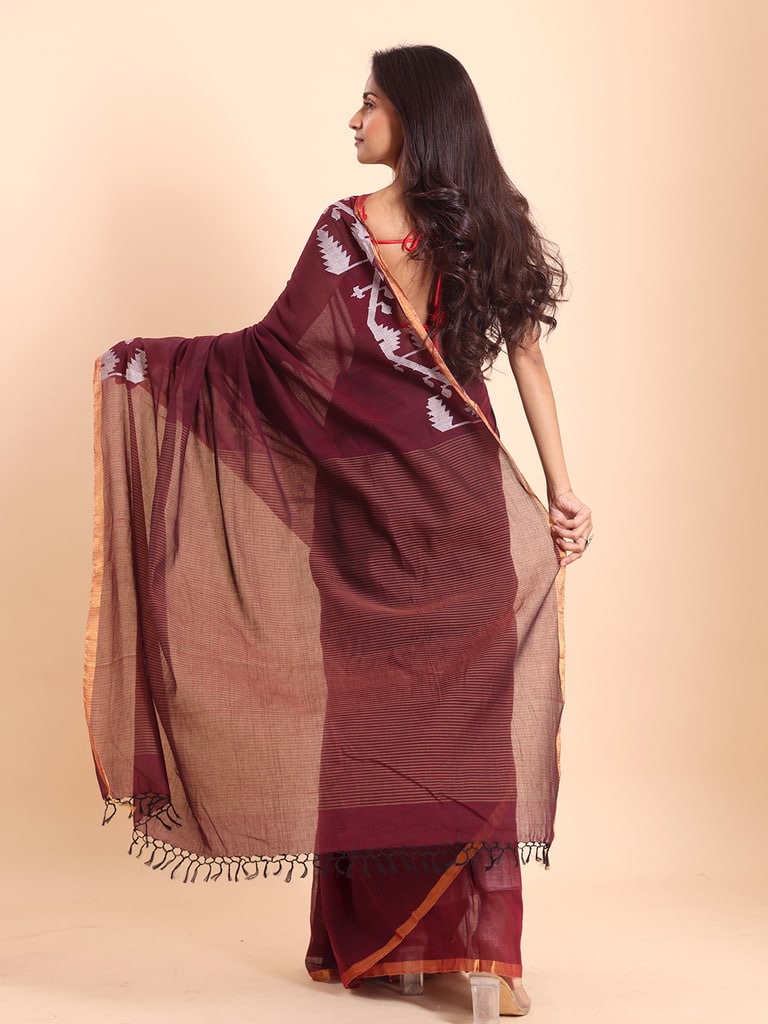 Handloom Cotton Half Derpar Jamdani Saree - Maroon - Thumbnail 4