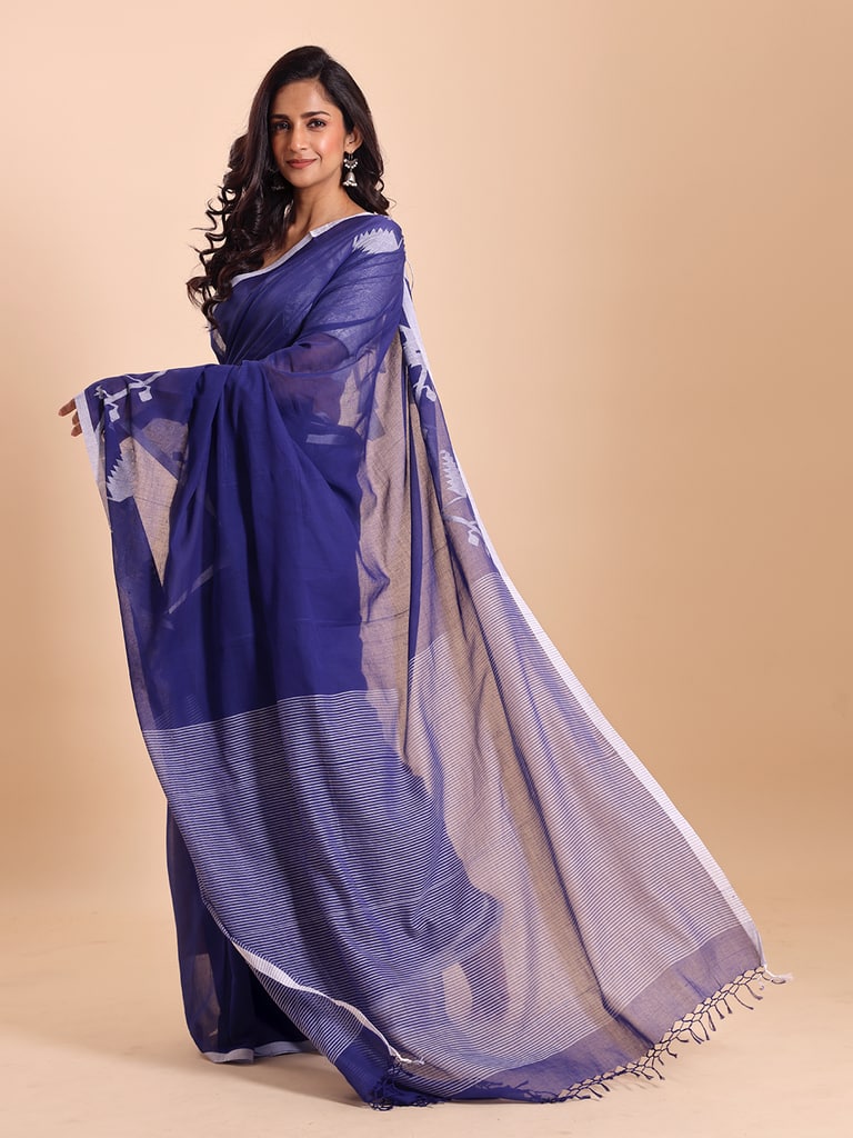 Handloom Cotton Half Derpar Jamdani Saree - Parsian Blue - View 1