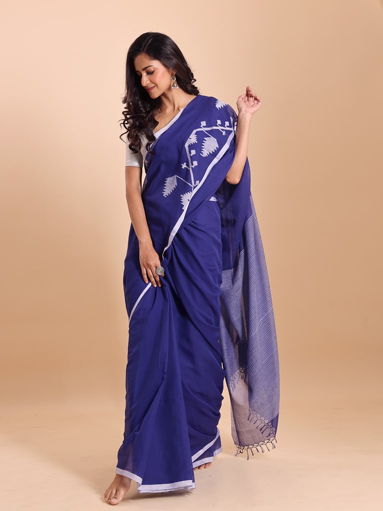 Handloom Cotton Half Derpar Jamdani Saree - Parsian Blue - View 2