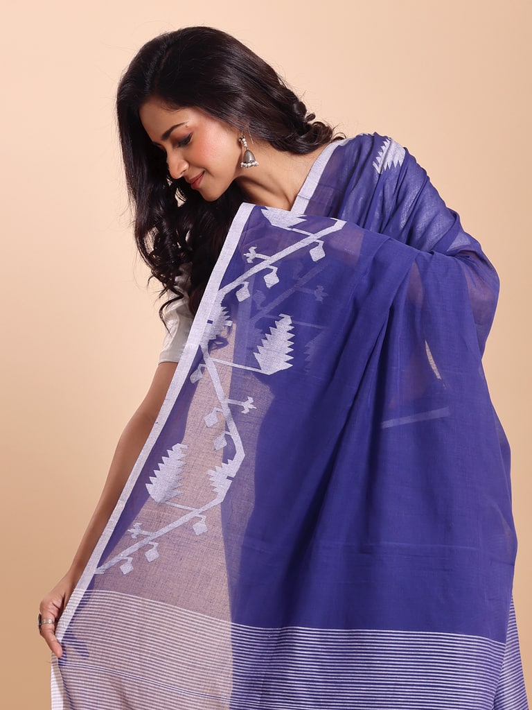 Handloom Cotton Half Derpar Jamdani Saree - Parsian Blue - Thumbnail 4