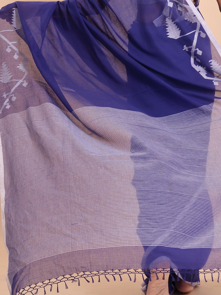 Handloom Cotton Half Derpar Jamdani Saree - Parsian Blue - Thumbnail 5