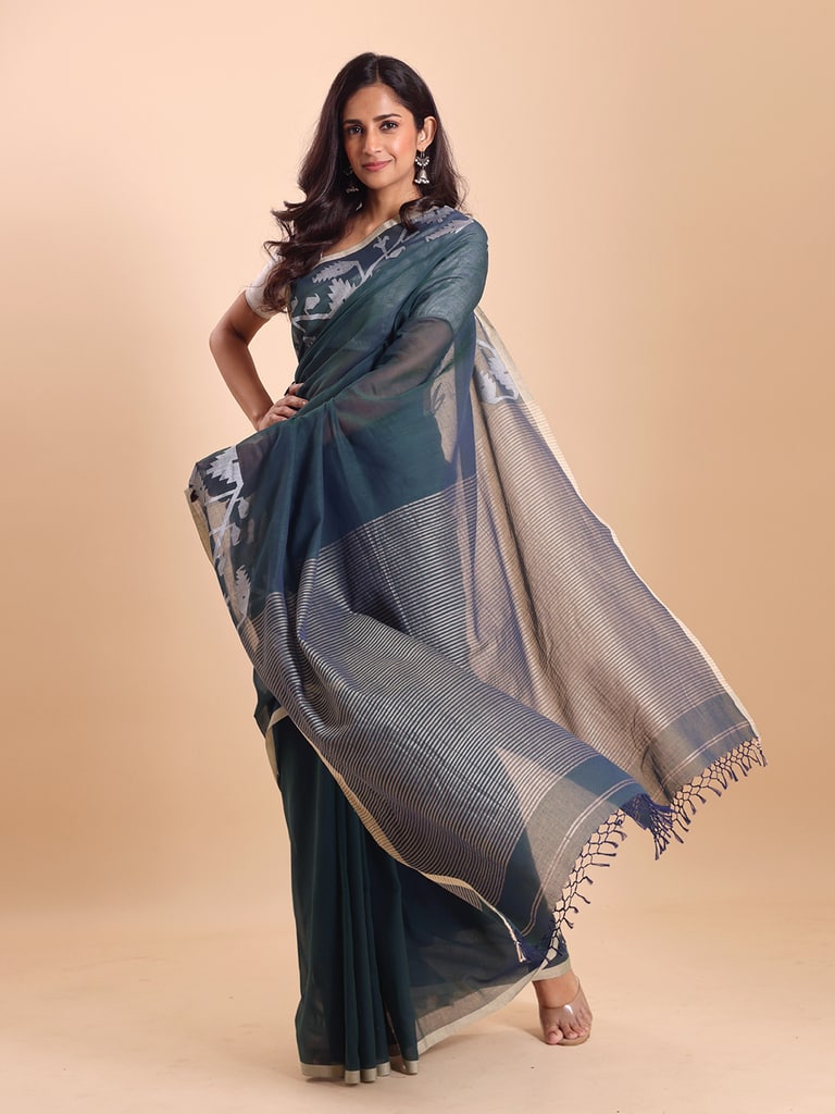 Handloom Cotton Half Derpar Jamdani Saree - Teal - View 1