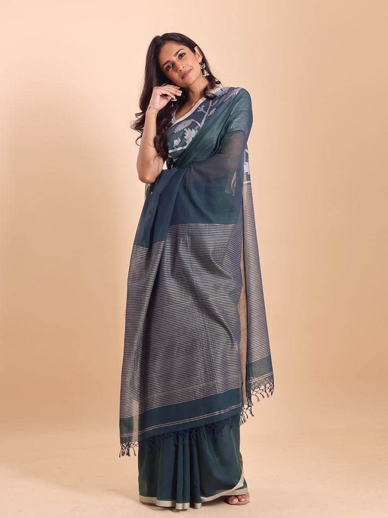 Handloom Cotton Half Derpar Jamdani Saree - Teal - View 2