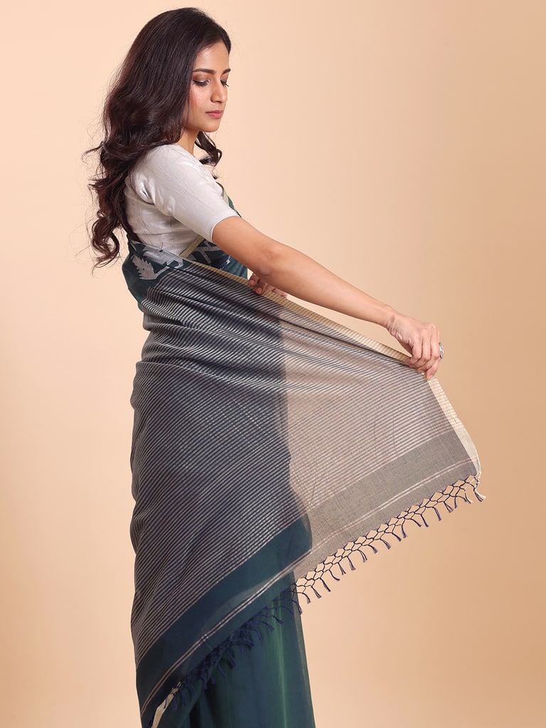 Handloom Cotton Half Derpar Jamdani Saree - Teal - Thumbnail 4