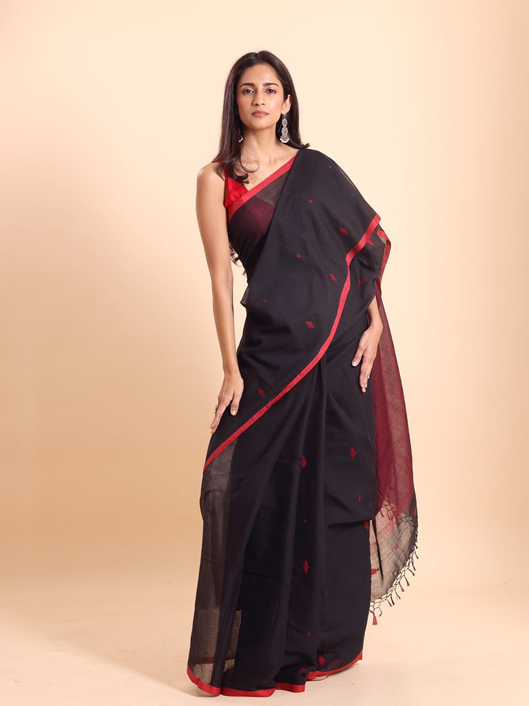 Handloom Stripe Anchal Buti Saree - Black - View 1