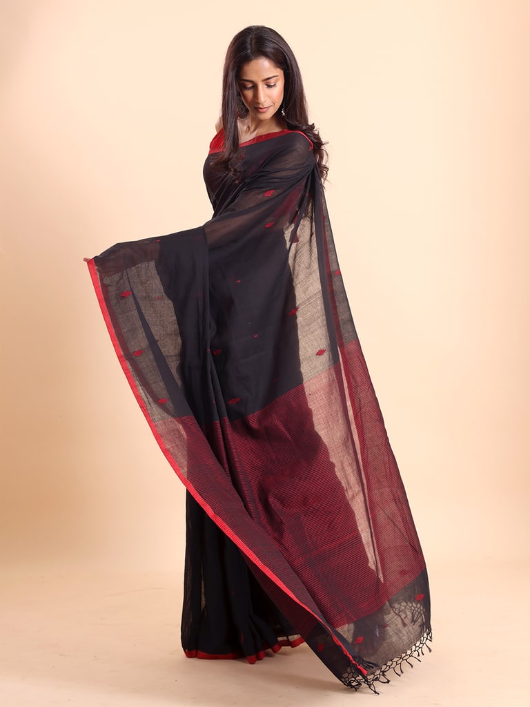 Handloom Stripe Anchal Buti Saree - Black - Thumbnail 3