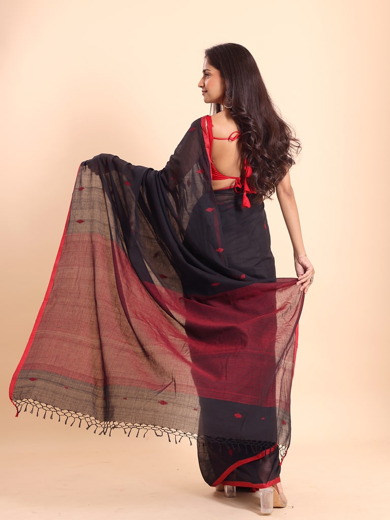 Handloom Stripe Anchal Buti Saree - Black - Thumbnail 4