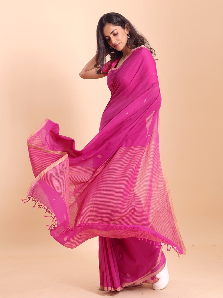 Handloom Stripe Anchal Buti Saree - Fuchsia - View 1