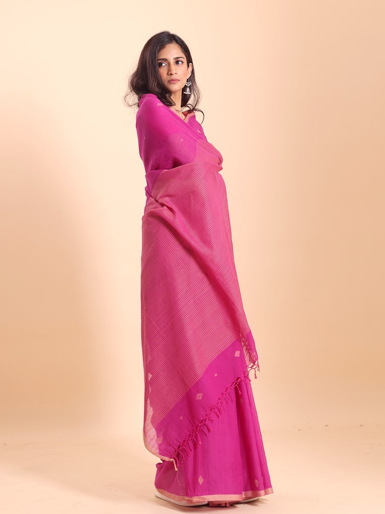 Handloom Stripe Anchal Buti Saree - Fuchsia - View 2