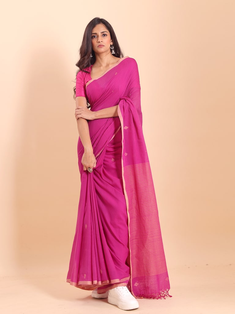 Handloom Stripe Anchal Buti Saree - Fuchsia - Thumbnail 3