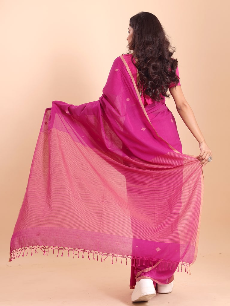 Handloom Stripe Anchal Buti Saree - Fuchsia - Thumbnail 4