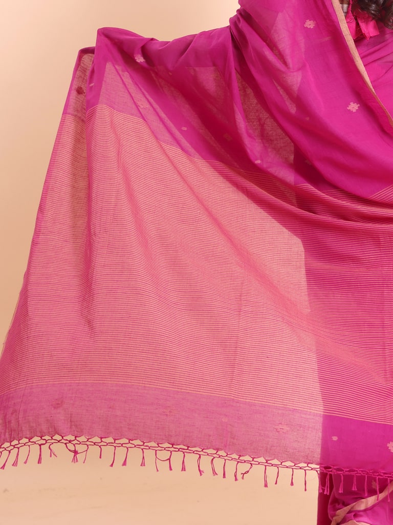 Handloom Stripe Anchal Buti Saree - Fuchsia - Thumbnail 5