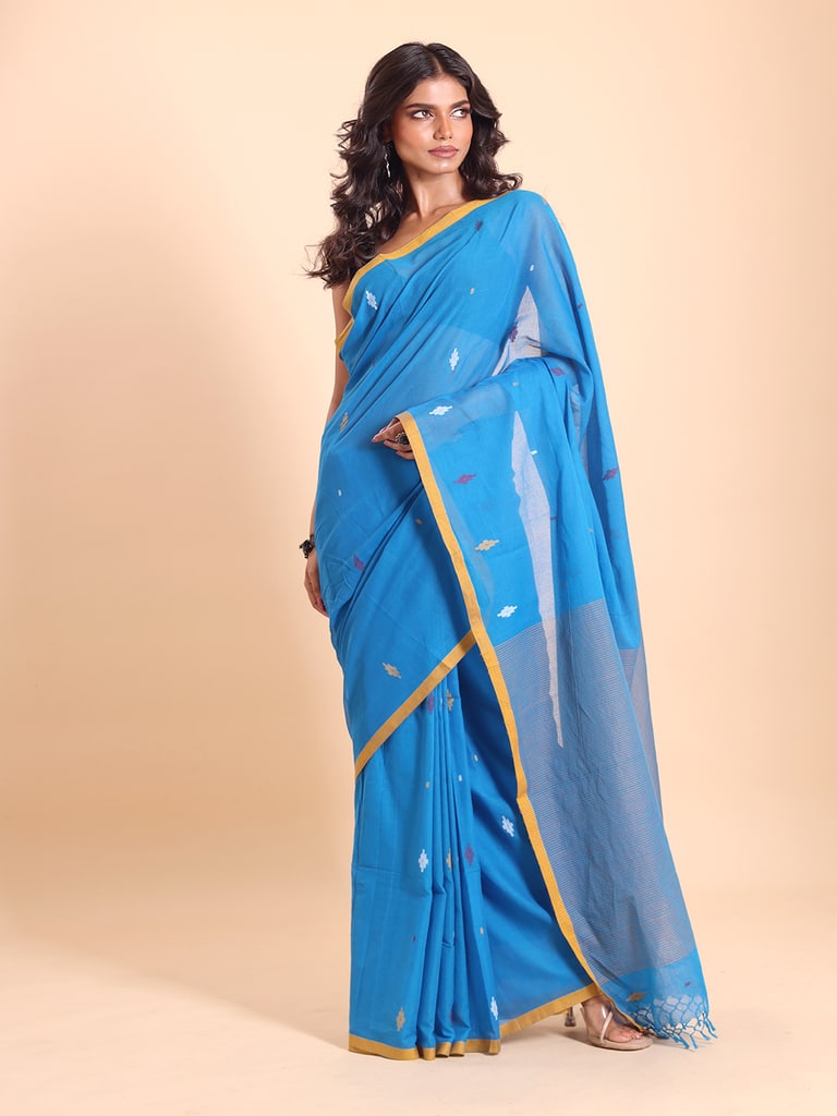 Handloom Stripe Anchal Buti Saree - Malibu Blue - View 1