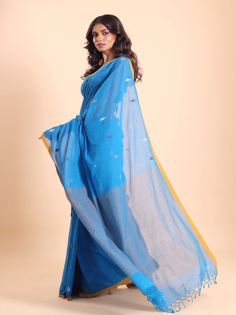 Handloom Stripe Anchal Buti Saree - Malibu Blue - View 2