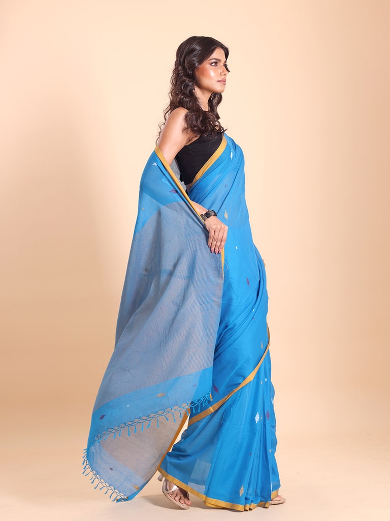 Handloom Stripe Anchal Buti Saree - Malibu Blue - Thumbnail 3