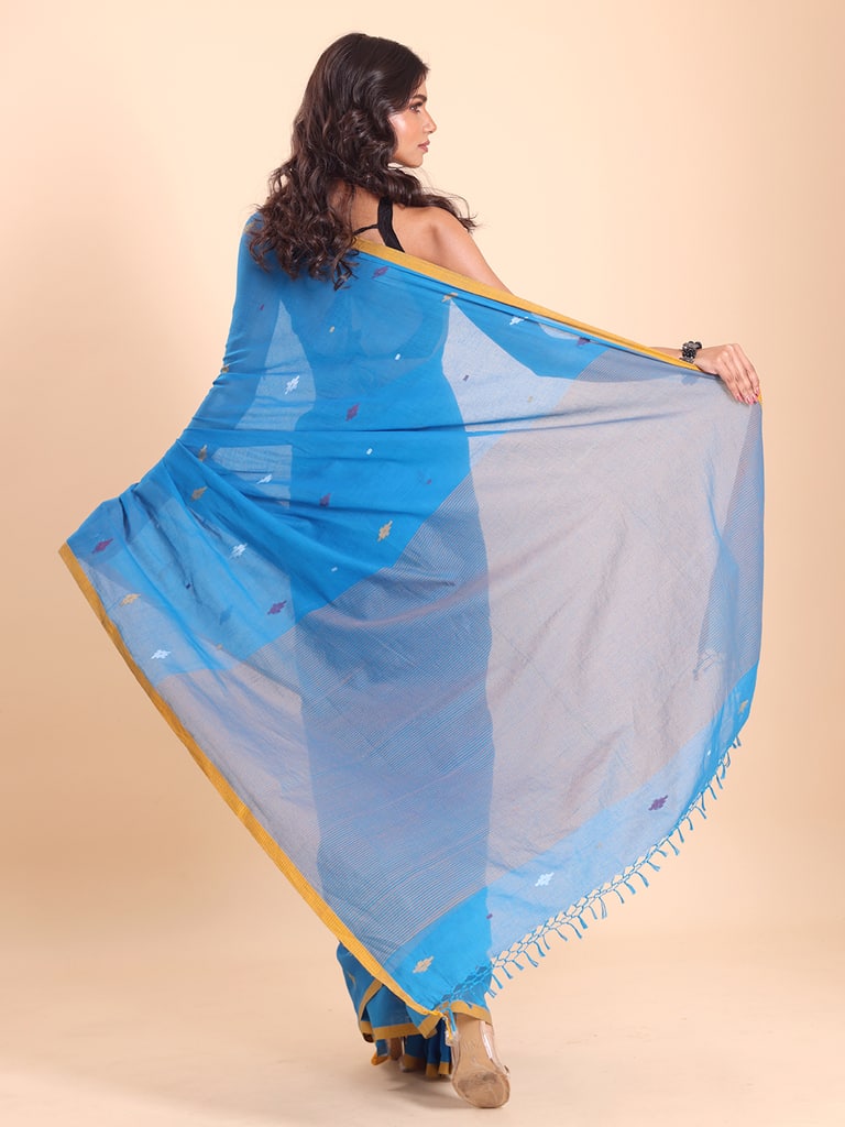 Handloom Stripe Anchal Buti Saree - Malibu Blue - Thumbnail 4