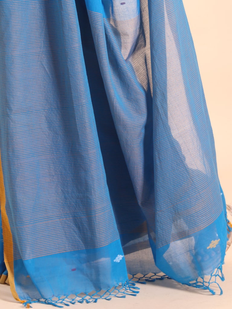 Handloom Stripe Anchal Buti Saree - Malibu Blue - Thumbnail 5