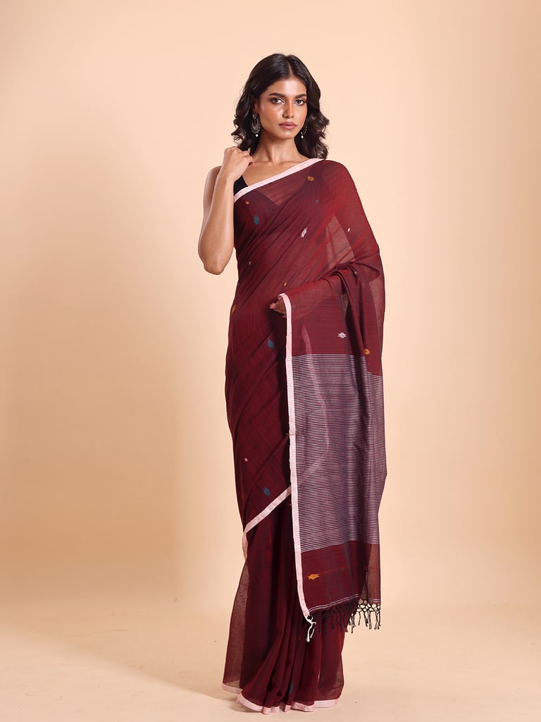 Handloom Stripe Anchal Buti Saree - Maroon - View 1