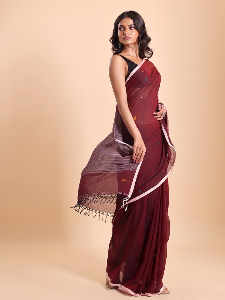 Handloom Stripe Anchal Buti Saree - Maroon - View 2