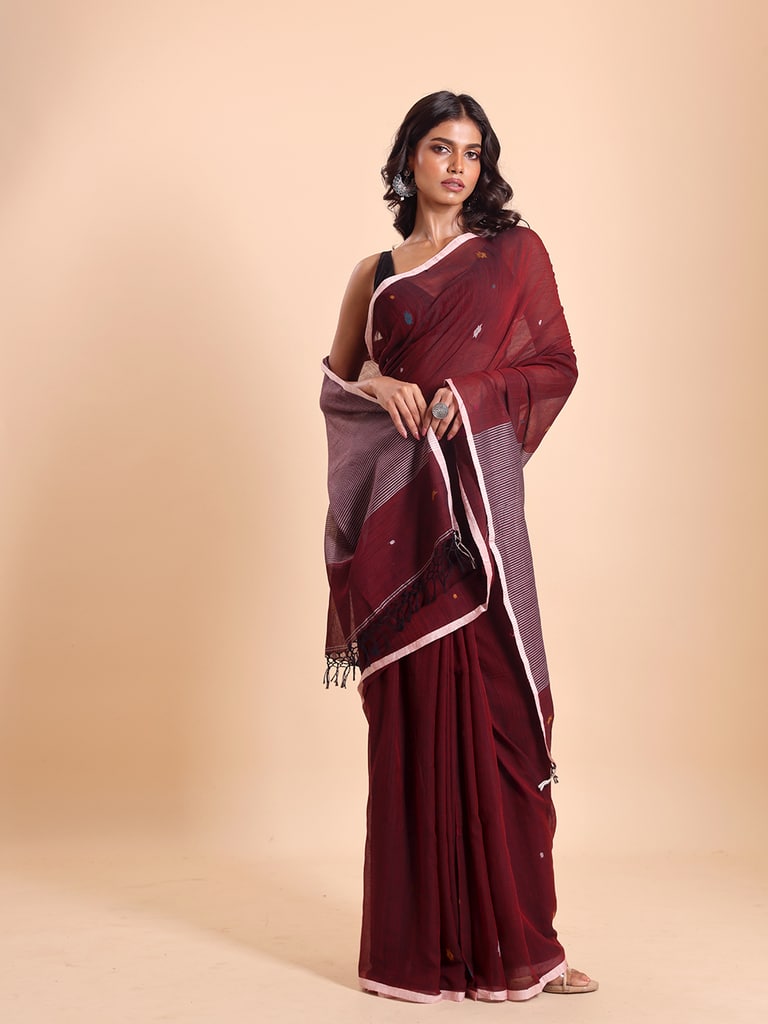 Handloom Stripe Anchal Buti Saree - Maroon - Thumbnail 3