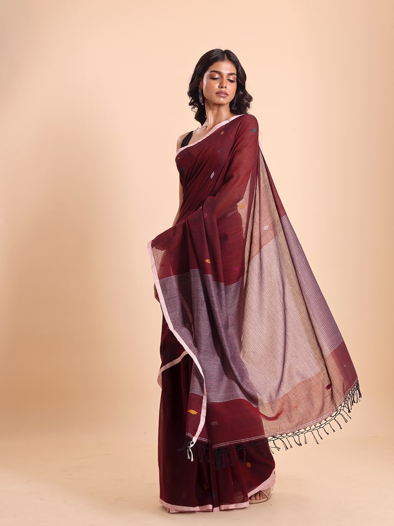 Handloom Stripe Anchal Buti Saree - Maroon - Thumbnail 4