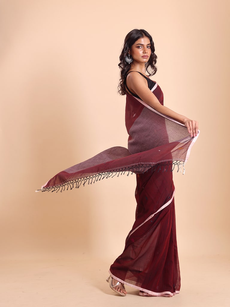 Handloom Stripe Anchal Buti Saree - Maroon - Thumbnail 5