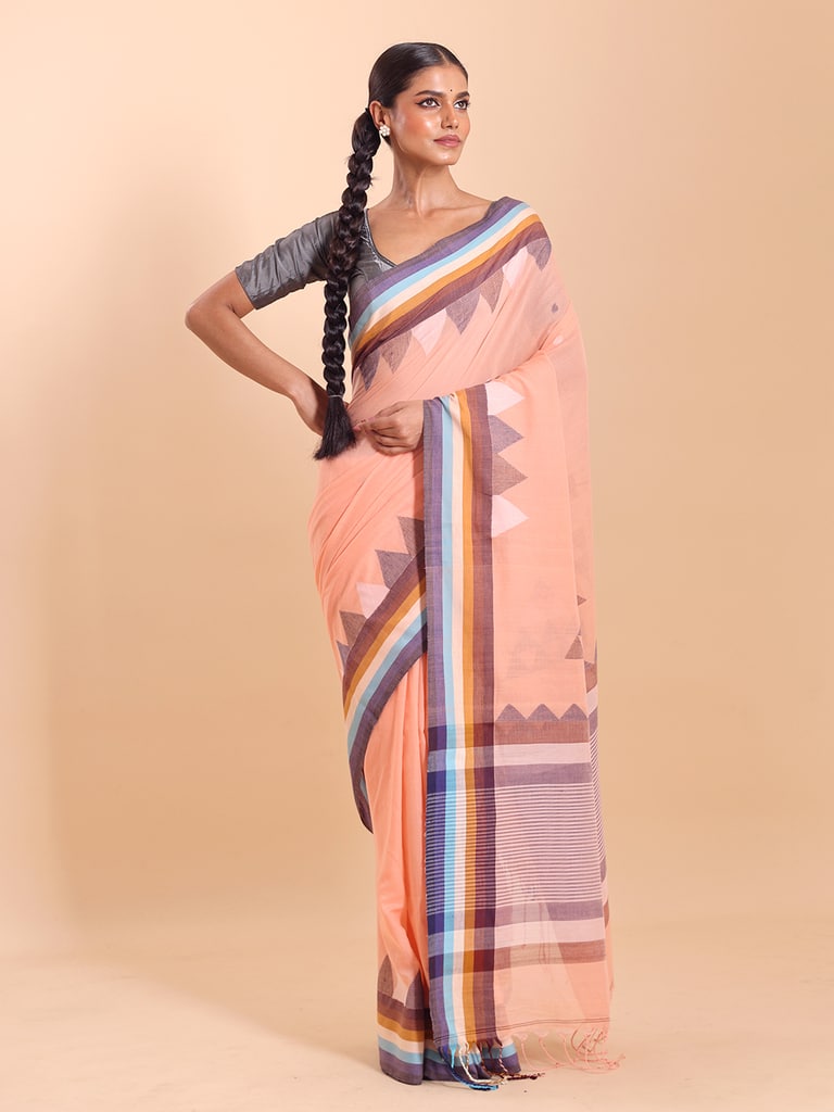 Handloom Ramdhanu Temple Par Jamdani Saree - Pale Peach - Thumbnail 3