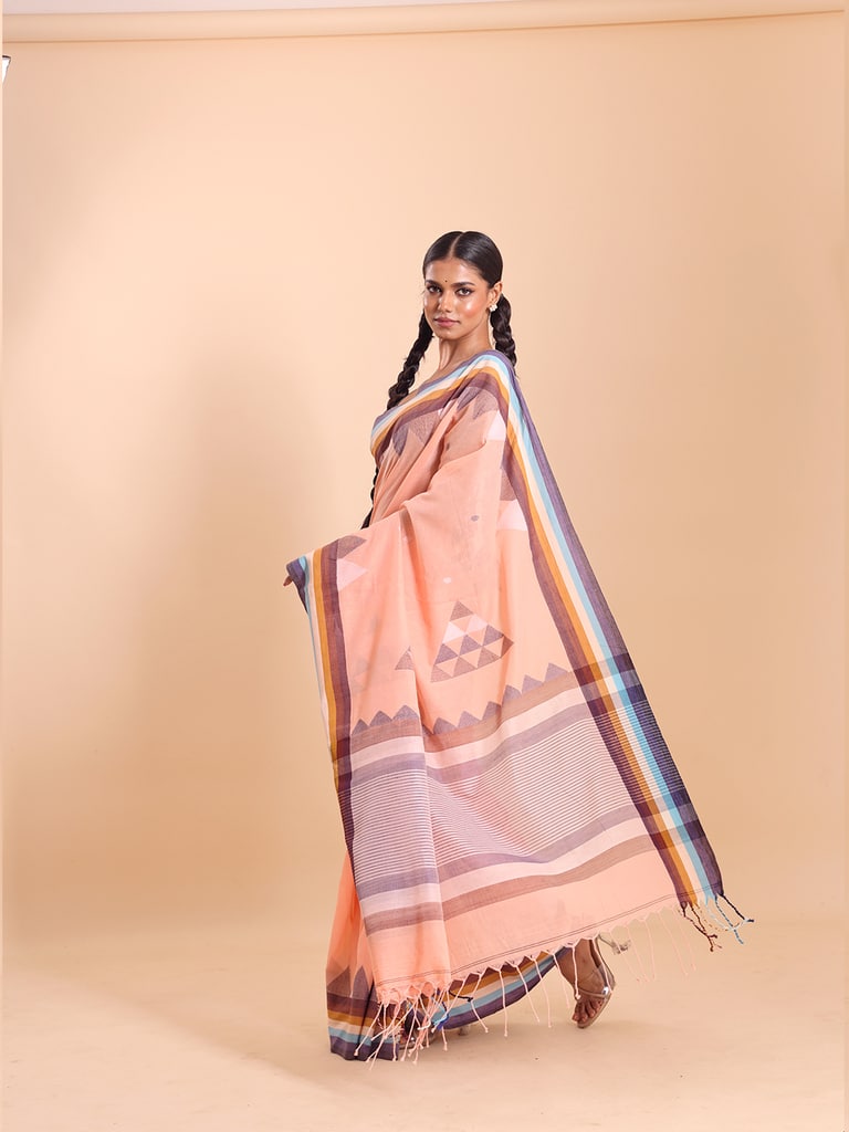 Handloom Ramdhanu Temple Par Jamdani Saree - Pale Peach - Thumbnail 4