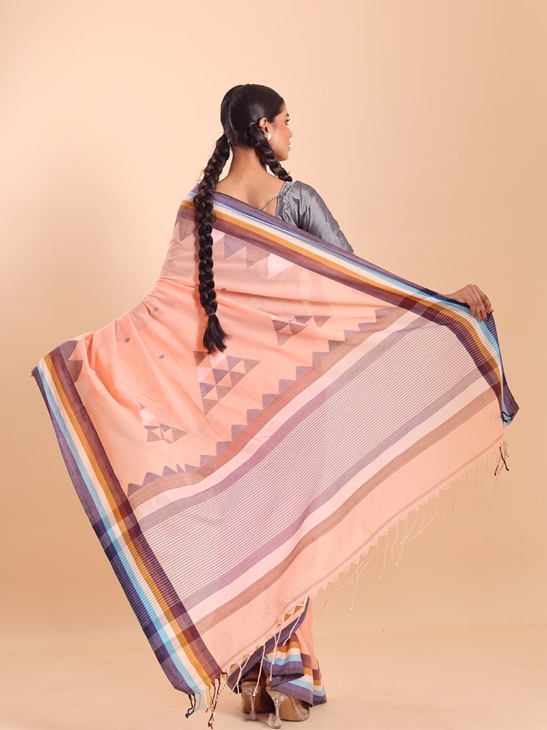 Handloom Ramdhanu Temple Par Jamdani Saree - Pale Peach - Thumbnail 5