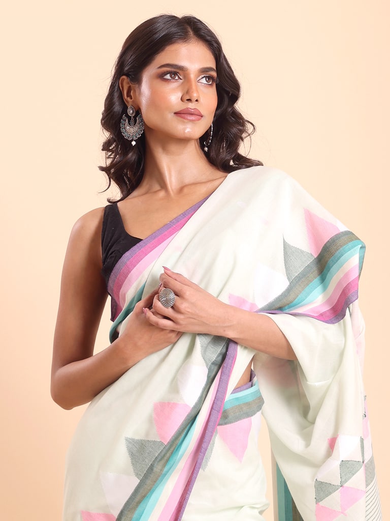 Handloom Ramdhanu Temple Par Jamdani Saree - Summer White - View 1